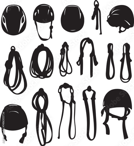 Black and White Climbing Silhouettes: Helmets, Ropes, and Carabiners