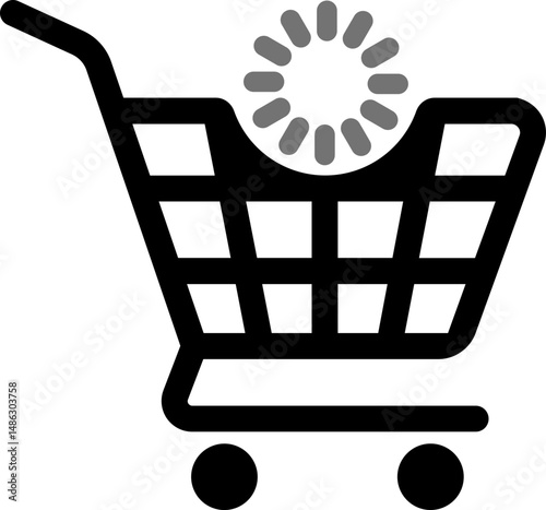Shopping cart icon with loading or processing symbol over the trolley indicating ongoing transaction or process.