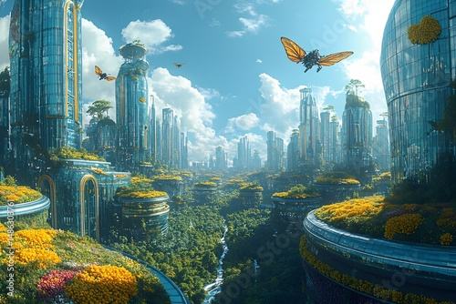 Futuristic cityscape with lush greenery and flying drones in a vibrant, advanced metropolis