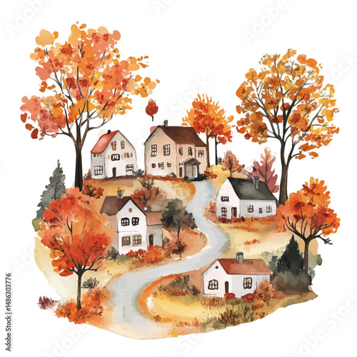 watercolor of Quiet Fall Evening In A Small Town, vector high quality, isolated on a white background.