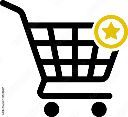 Shopping cart icon featuring a star symbol indicating preferred or rated product in ecommerce shopping environment.