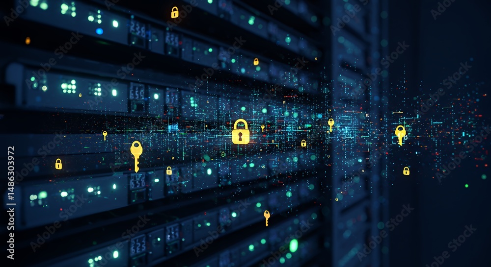 Naklejka premium Network Security Visualization: Data Servers with Encryption Keys and Locks