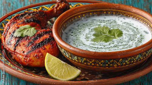 Grilled tandoori chicken leg served with fresh herb yogurt raita and a lime wedge on a rustic plate.