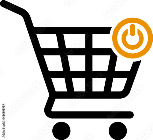 Shopping cart icon featuring power button symbol indicating start or activation of ecommerce shopping function.