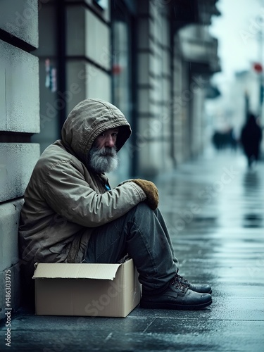 A man with a long beard sits hunched on a cardboard box against a building in the rain. He wears a hooded coat and gloves, reflecting a moment of solitude in a busy city.