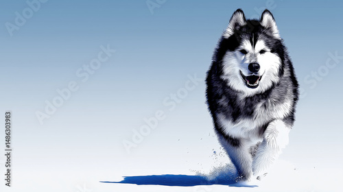 Siberian husky dog running energetically through deep snow under a clear blue sky during winter.