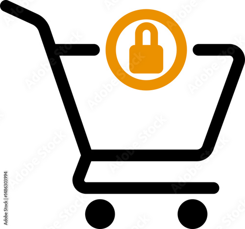 Empty shopping cart icon with a lock symbol over the trolley representing secured or restricted online purchasing process.