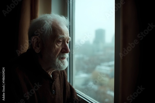 Elderly man gazes out at a rainy New York City skyline from a weathered apartment window during winter