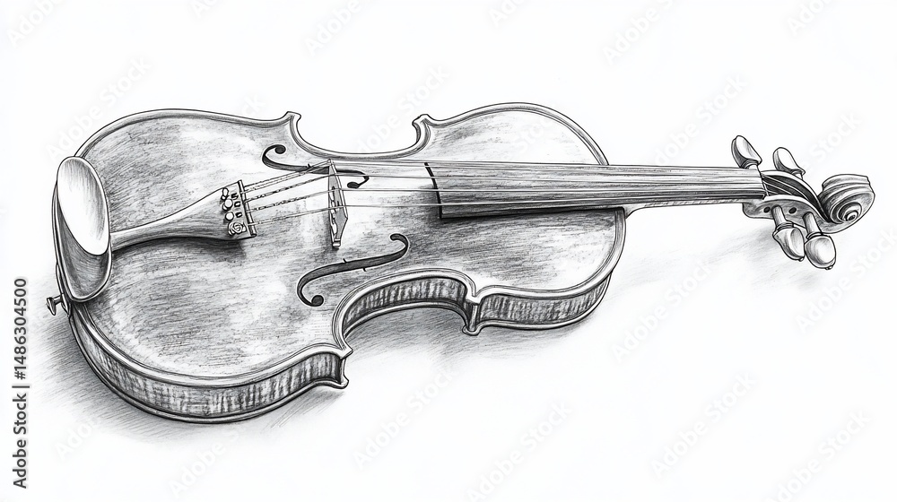 Obraz premium Detailed pencil drawing of a violin, angled slightly, shadow present on white backdrop