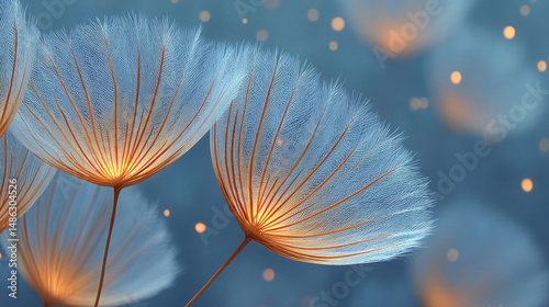 Glowing dandelion seeds float against a soft blue twilight background with magical bokeh lights.