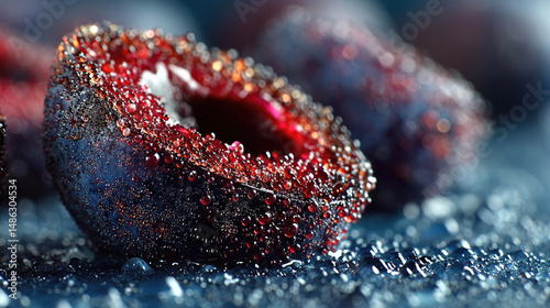 Sliced blueberry coated in sparkling sugar crystals rests on a wet dark surface under bright studio light.