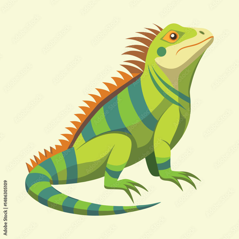 Fototapeta premium Illustration of a Green Iguana with a Striped Body and Spiked Crest