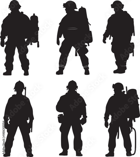Firefighter Silhouettes: Six Black Shapes of Emergency Responders