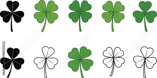 shamrock, clover, leaf, green, vector, set, lucky, leaf, symbol, plant, irish, st, saint, patrick, day, ireland, cartoon, flat, illustration, style, icon, holiday, celebration, design, nature, traditi
