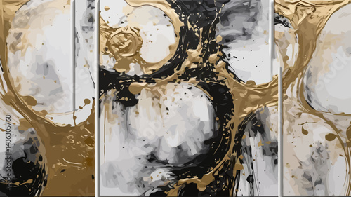Abstract Art Triptych - Black, White & Gold Painting with Fluid Acrylics - Modern Wall Decor for Living Room or Office - Contemporary Home Design Artwork