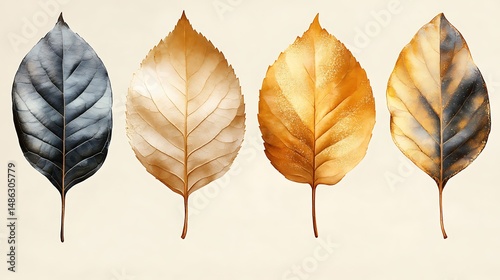 Artistic shimmering gold blue leaves collection high resolution image