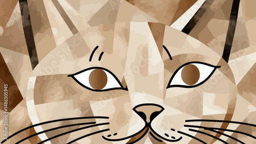 Abstract Cat Art-Geometric Feline Portrait-Modern Cat Painting-Unique Wall Decor-Brown and Beige Tones-Stylish Cat Illustration-Contemporary Art Print-Cat Lover Gift