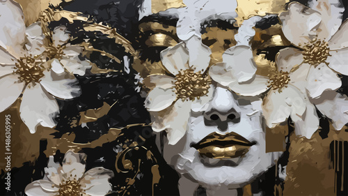 Abstract Floral Portrait Painting - Textured Black White & Gold Art - Modern Woman Face with Flowers Canvas - Fine Art Print Decor