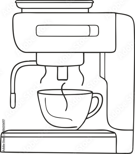 Coffee Maker with Steaming Cup – Minimal Black Line Vector Icon for Café Menus, Coffee Delivery Apps, and Kitchen Appliance Manuals