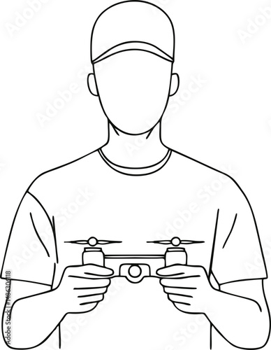 Young Man Holding a Drone – Black Line Vector Icon for Drone Training Apps, Hobbyist Tech Blogs, and Aerial Photography Courses