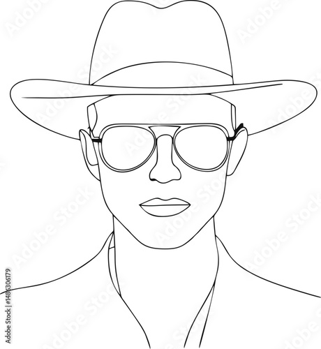 Man in Hat and Sunglasses – Black Line Vector Portrait for Travel Branding, Mystery Book Covers, and Character Design Projects
