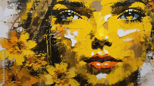 Abstract Portrait Painting in Yellow Hues - Modern Artwork of a Woman's Face with Floral Accents - Expressive Oil Painting Style - Contemporary Art Print