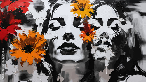Abstract Portrait Painting-Woman's Face with Flowers-Modern Art Wall Decor-Black and White Image with Bold Colors-Unique Artistic Expression-Floral Accents
