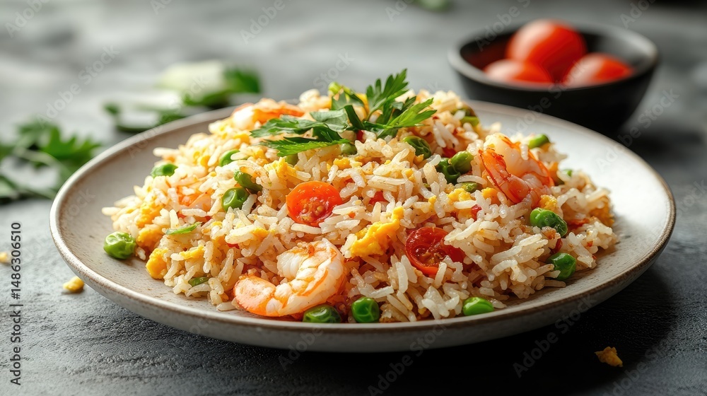 Delicious dish of shrimp fried rice on a plate. Delicious dish of shrimp fried rice on a plate.