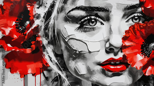 Abstract Woman Portrait Painting with Red Poppies - Black and White Art with a Pop of Color - Modern Wall Decor and Fine Art Prints