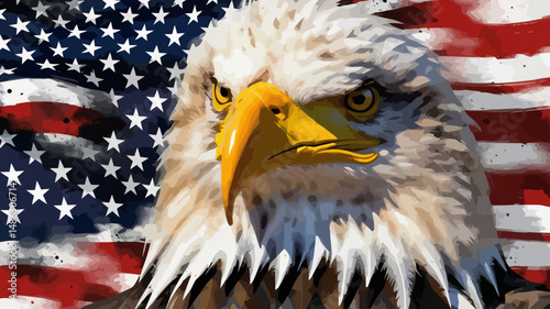 American Bald Eagle Art-Patriotic USA Flag Background-Symbol of Freedom & Independence Day-Detailed Digital Painting of American Eagle