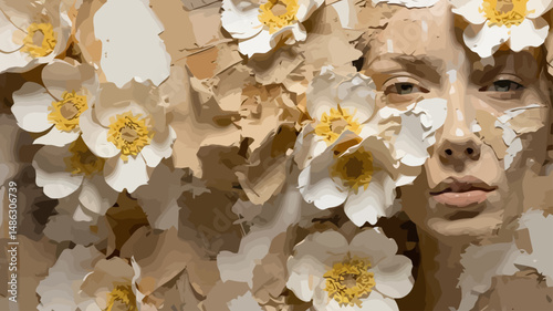 Artistic Floral Portrait - Woman with White Flowers - Unique Beauty and Creative Expression - Creamy Palette and Textured Detail