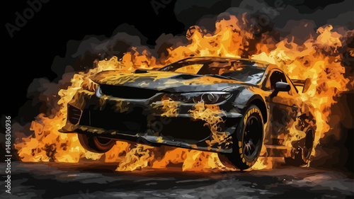 Burning Rubber Awaits- Fiery Car Racing in Flames and Smoke- Discover Intense Automotive Speed- Thrilling Motorsport Image Showcasing Power and Performance