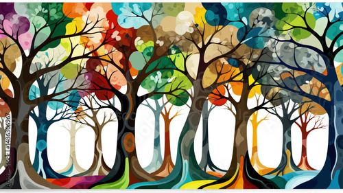 Colorful Abstract Trees Illustration-Artistic Forest Scene with Vibrant Foliage-Modern Nature Inspired Wall Art Decor-Eye Catching Trees Painting