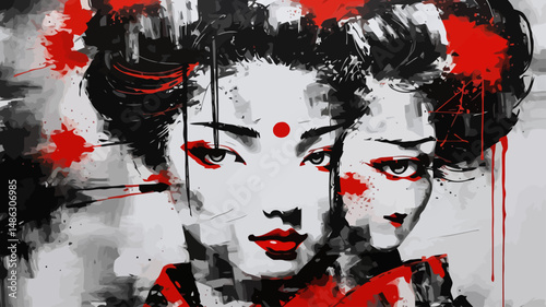 Captivating Geisha Art_ A Striking Black-and-Red Painting of Japanese Beauty-Modern Artwork with Bold Brushstrokes-Explore the allure of this expressive portrait-Abstract Asian art