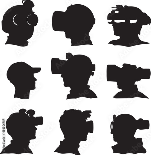 Silhouettes: VR Headsets, Night Vision Goggles, Tech Users, Black & White