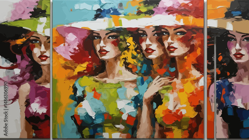 Colorful Fashion Art - Stunning Triptych Painting of Women with Hats - Impressionistic Style Artwork - Vibrant Colors and Bold Strokes - Ideal for Home Decor or Art Collectors