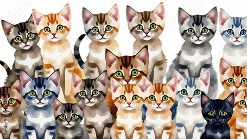 Cute Kitten Watercolor Illustration- Variety of Colors and Patterns-Adorable Feline Art for Cat Lovers-Perfect for Prints and Digital Projects-Green Eyes & Stripes
