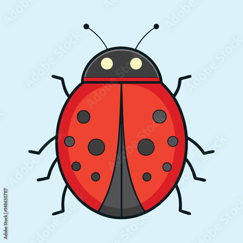 Cartoon Ladybug Illustration with Black Spots on Red Body and Baby Blue Background