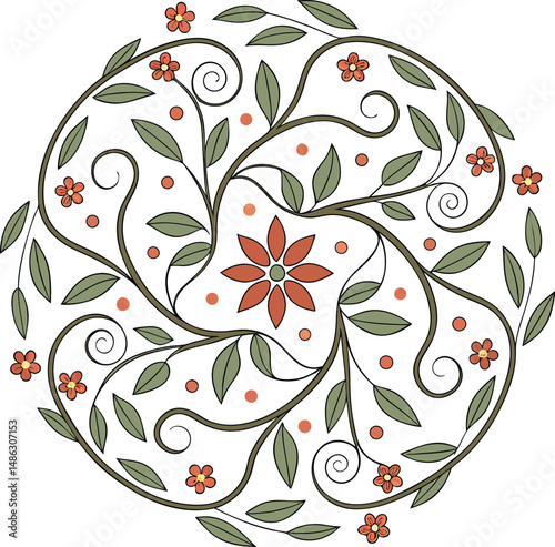 Floral Mandala: A captivating floral mandala, meticulously crafted with delicate leaves, swirling vines, and vibrant blossoms. The intricate design evokes a sense of harmony and natural elegance.