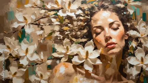 Dreamy Woman Portrait with White Magnolia Flowers - Oil Painting Style Art - Close up of Serene Face with Floral Adornments - Impressionist Artwork