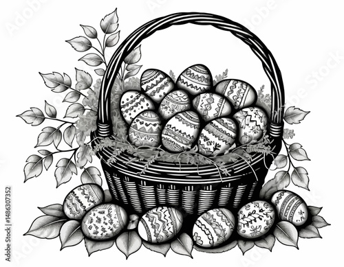 Easter Egg Basket Illustration-Detailed Black and White Drawing of Decorated Eggs-Festive Spring Art for Coloring or Decoration-Intricate Easter Design