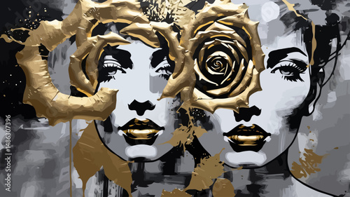 Elegant Art-Deco Style Women-Black, White & Gold Artwork-Dramatic Ladies with Floral Accents-Stunning Portrait Painting-Modern Wall Decor for Glamorous Spaces