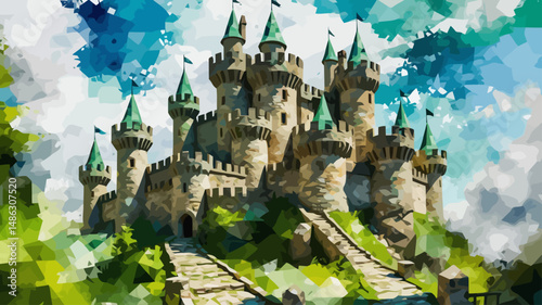 Fantasy Castle Painting - Majestic Medieval Architecture with Green Turrets and Stone Staircase - Dreamy Watercolor Landscape Art