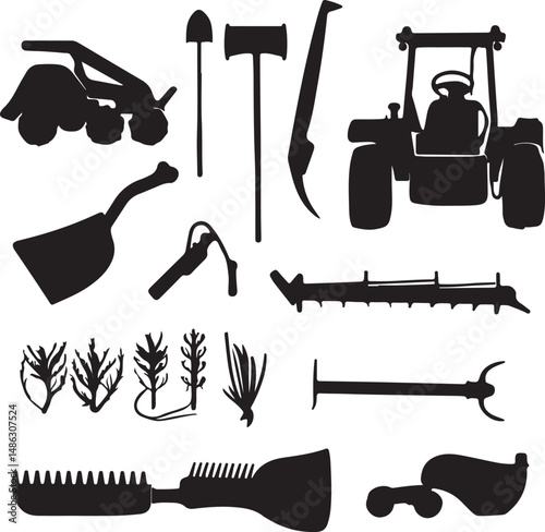 Silhouette Farm Tools and Tractor: Agricultural Equipment Vector