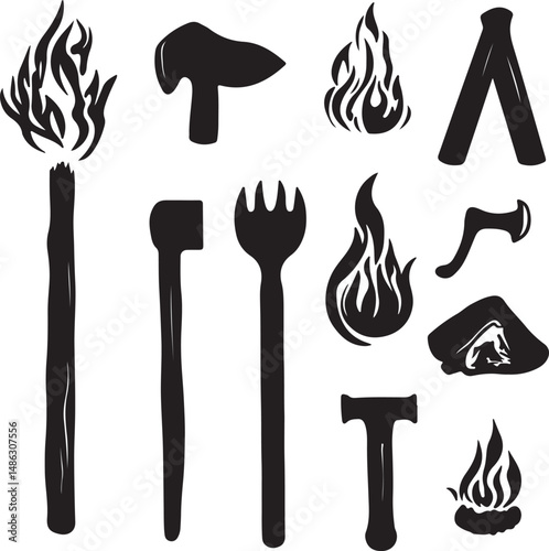 Black Silhouette Campfire Tools: Torch, Axe, Fire, Fork, Hammer