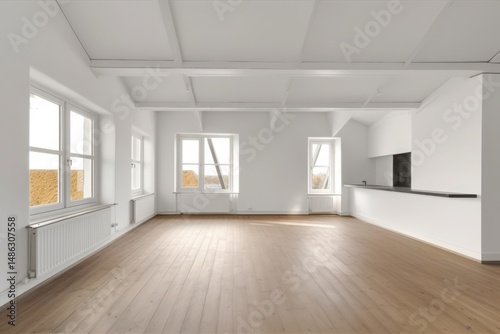 Wallpaper Mural Empty Apartment Photo: Modern White Interior, Hardwood Floors, Bright Windows, Open Kitchen, New Construction, Minimalist Style Torontodigital.ca
