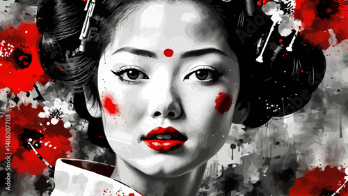 Geisha Art Portrait- Stunning Asian Woman with Red Accents- Japanese Culture Beauty- Artistic Ink Style- Captivating Expression- Find this unique art print online