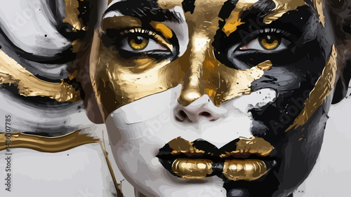 Golden Beauty Face Art-Avant-Garde Makeup Design-Abstract Black & Gold Art-Eye-Catching Portrait-Creative Fashion Photography-Bold & Striking Look