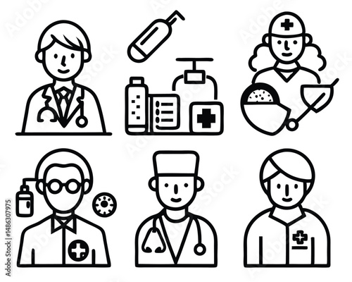 Medical Team Line Icons – Doctors, Nurses, and Healthcare Workers in Modern Minimalist Style Adobe Illustrator Artwork.
