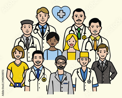 Vector Illustration of Diverse Medical Team of Doctors and Nurses – Healthcare Workers Group Portrait in Flat Cartoon Style for Hospital, Clinic, or Medical Services Design.
